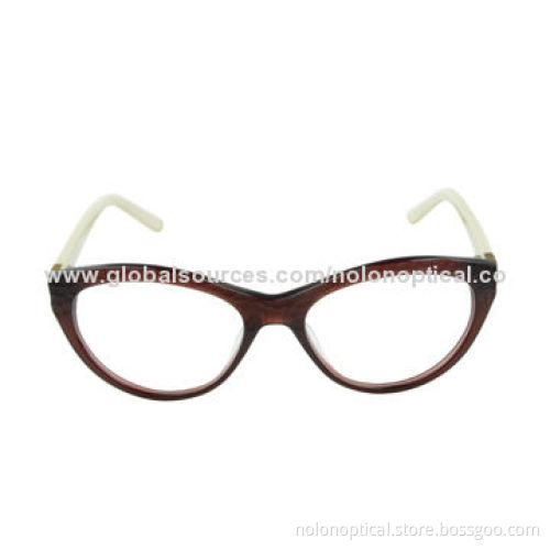 Cat eye shape acetate optical frames in brown with white